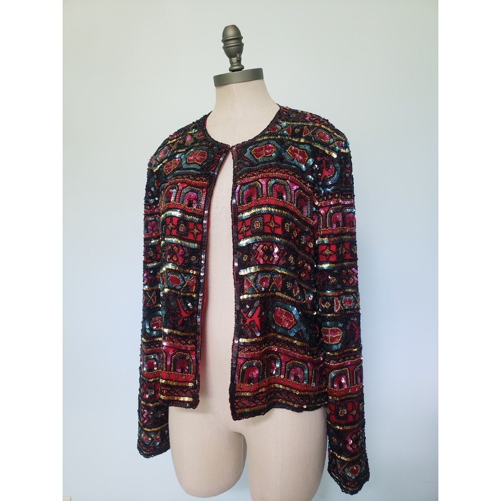 VTG Adrianna Papell Boutique Women's‎ M 100% Silk Beaded Jacket Red Gold Evening